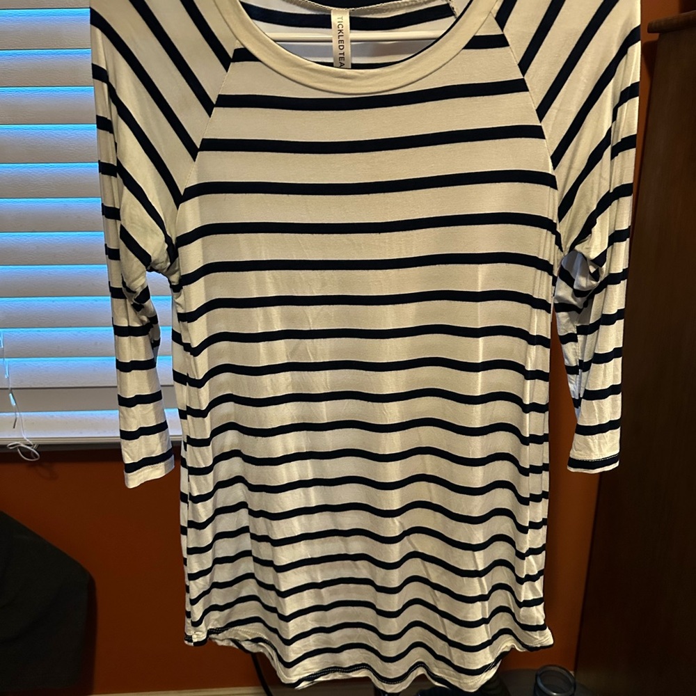 Tickled Teal Navy and White Striped Long Sleeve Top